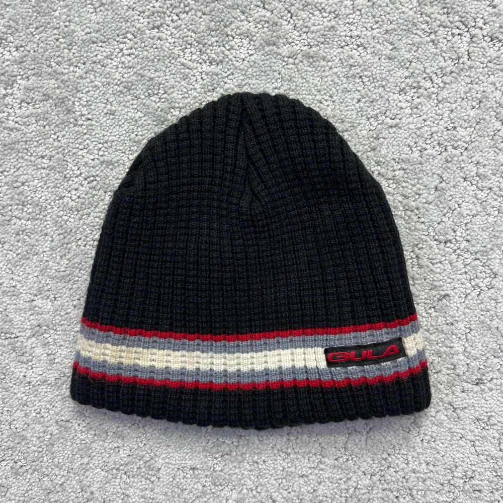 Bula Beanie Hat One Size Black Red White Striped Ribbed Knit Made in Canada